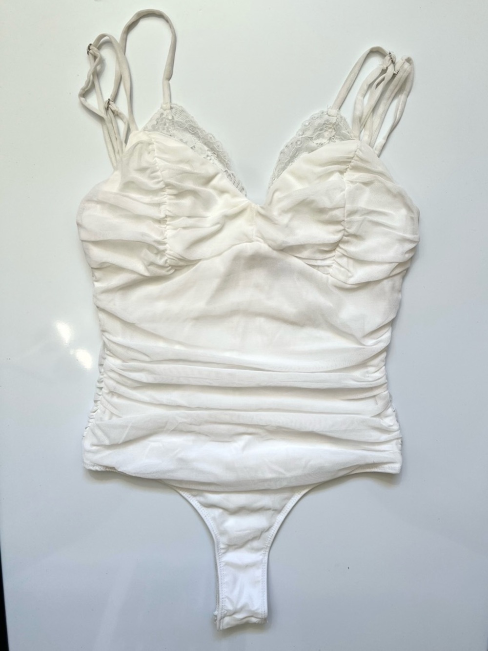 Princess Polly White Ruched Lace-Trim Mesh Bodycon Bodysuit